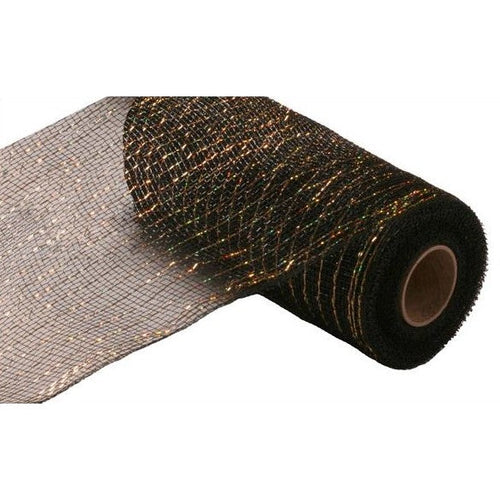 Deco Poly Mesh Ribbon : Metallic Black with Laser Gold Foil - 10 Inches x 10 Yards (30 Feet)