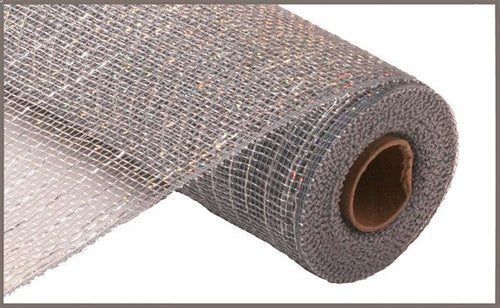 Deco Poly Mesh Ribbon : Metallic Platinum with Laser Silver Foil - 10 Inches x 10 Yards (30 Feet)