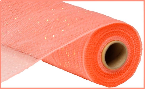 Deco Poly Mesh Ribbon : Metallic Coral Orange with Coral Foil - 10 Inches x 10 Yards (30 Feet)