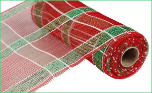 Deco Poly Mesh Ribbon : Red White and Green Plaid - 10 Inches x 10 Yards (30 Feet)