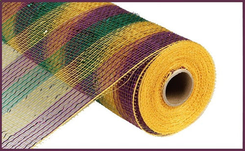 Deluxe Thin Stripe Deco Poly Mesh Ribbon : Gold Purple Emerald Green - 10 Inches x 10 Yards (30 Feet)