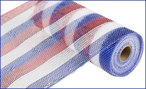 Deco Poly Mesh Ribbon : Metallic Stripe Red White Blue - 10 Inches x 10 Yards (30 Feet)
