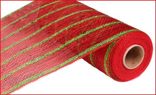 Deluxe Deco Poly Mesh Ribbon : Metallic Red Lime Green Stripe - 10 Inches x 10 Yards (30 Feet)