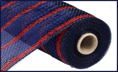 Deluxe Deco Poly Mesh Ribbon : Navy Blue or Royal Blue with Red Laser Foil Stripes - 10 Inches x 10 Yards (30 Feet)