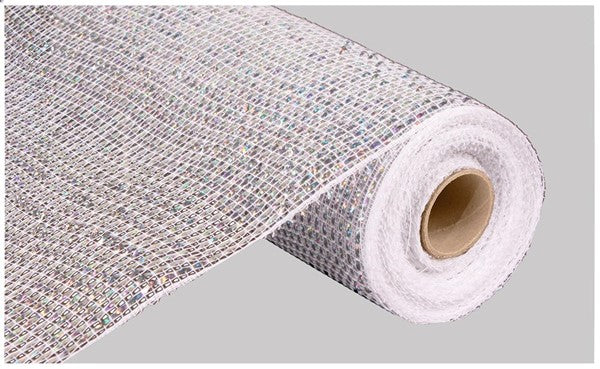 Deluxe Wide Foil Deco Poly Mesh Ribbon : White Laser Silver Foil Solid - 10 Inches x 10 Yards (30 Feet)