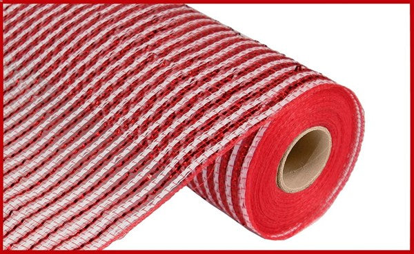 Deluxe Stripe Deco Poly Mesh Ribbon : Red White - 10 Inches x 10 Yards (30 Feet)