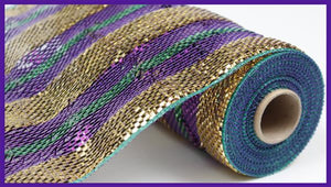 Deluxe Stripe Deco Poly Mesh Ribbon : Purple Gold Green - 10 Inches x 10 Yards (30 Feet)