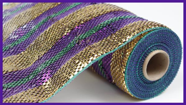Deluxe Stripe Deco Poly Mesh Ribbon : Purple Gold Green - 10 Inches x 10 Yards (30 Feet)