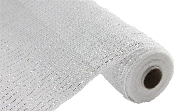 Wide Foil Deco Poly Mesh Ribbon : White with Laser Silver Foil - 10 Inches x 10 Yards (30 Feet)
