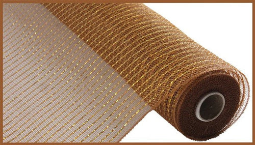 Wide Foil Deco Poly Mesh Ribbon : Brown with Laser Gold Foil - 10 Inches x 10 Yards (30 Feet)