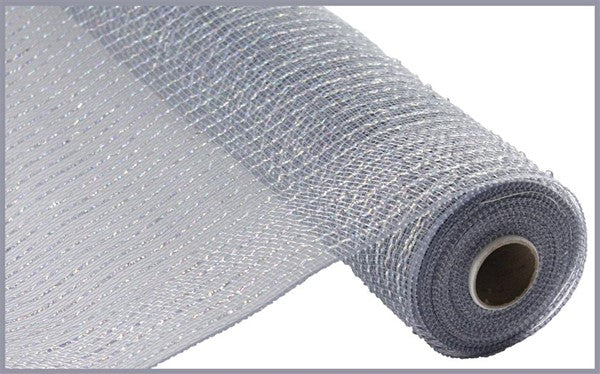 Wide Foil Deco Poly Mesh Ribbon : Platinum with Laser Silver Foil - 10 Inches x 10 Yards (30 Feet)