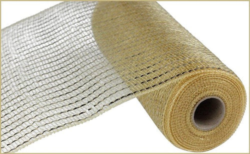 Wide Foil Deco Poly Mesh Ribbon : Champagne with Gold Foil - 10 Inches x 10 Yards (30 Feet)