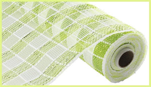 Plaid Check Deco Poly Mesh Ribbon : Apple Green with White - 10 Inches x 10 Yards (30 Feet)