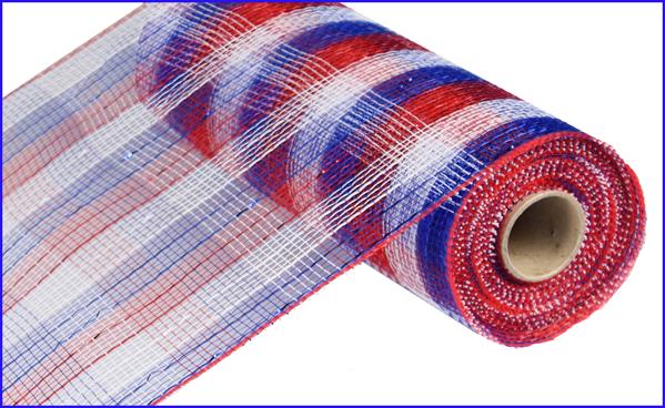 Deco Poly Mesh Ribbon : Metallic Check Red White Blue - 10 Inches x 10 Yards (30 Feet)