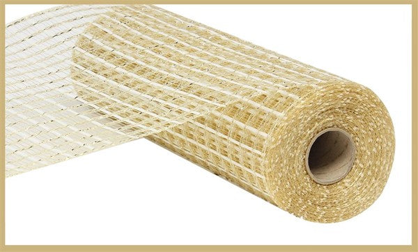 Deco Poly Mesh Ribbon : Thin Double Stripe Champagne - 10 Inches x 10 Yards (30 Feet)
