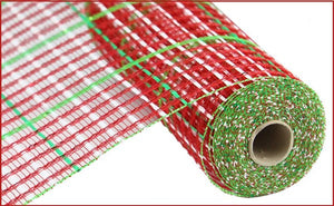 Christmas Metallic Check Mesh Ribbon (Red, Lime Green, White) - 10 Inches x 10 Yards (30 Feet)