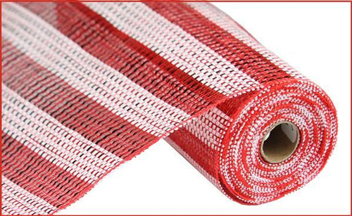 Deco Poly Mesh Ribbon : Metallic Foil Red White Stripe - 10 Inches x 10 Yards (30 Feet)
