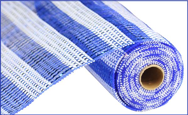Deco Poly Mesh Ribbon : Metallic Foil Blue White Stripe - 10 Inches x 10 Yards (30 Feet)