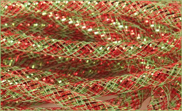 Deco Mesh Ribbon Flex Tubing: Red Lime Green with Metallic Foil - 8mm x 30 Yards (90 Feet)