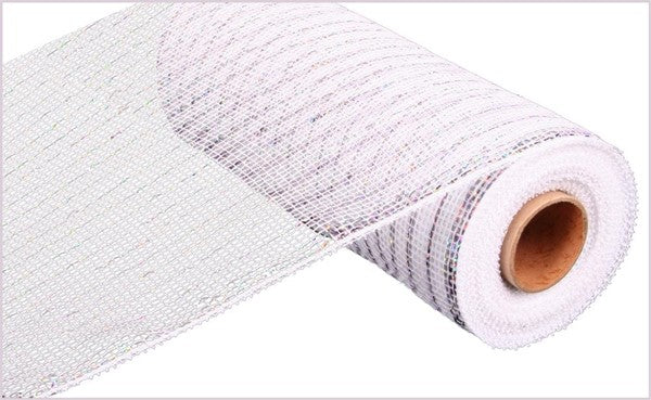 Deco Poly Mesh Ribbon : Value White with Silver Foil - 10 Inches x 10 Yards (30 Feet)