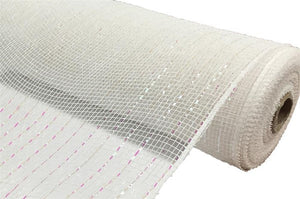 Deco Poly Mesh Ribbon : Value White with White Foil - 10 Inches x 10 Yards (30 Feet)