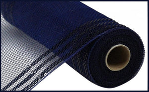 Border Stripe Deco Mesh Ribbon : Metallic Navy Blue, Black Foil - 10 Inches x 10 Yards (30 Feet)