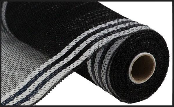 Border Stripe Deco Mesh Ribbon : Metallic Black, White - 10 Inches x 10 Yards (30 Feet)