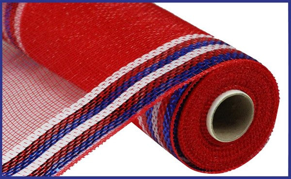 Border Stripe Deco Mesh Ribbon : Metallic Red White Blue - 10 Inches x 10 Yards (30 Feet)
