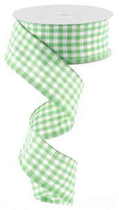 Gingham Check Wired Ribbon : Emerald Green, White - 1.5 Inches x 10 Yards (30 Feet)