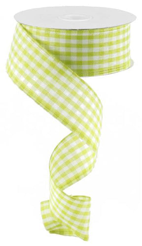 Gingham Check Wired Ribbon : Lime Green, White - 1.5 Inches x 10 Yards (30 Feet)