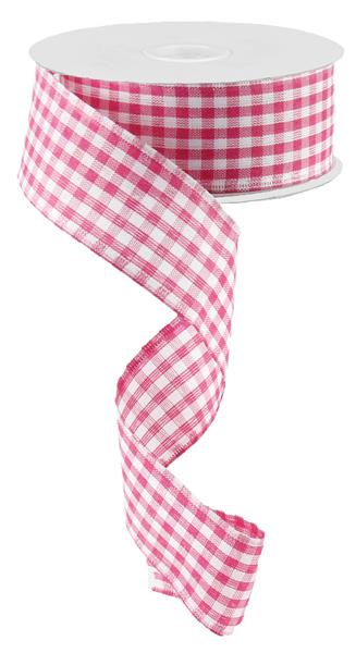 Gingham Check Wired Ribbon : Dark Pink White - 1.5 Inches x 10 Yards (30 Feet)