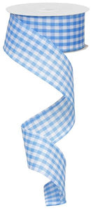 Gingham Check Wired Ribbon : Turquoise Blue, White - 1.5 Inches x 10 Yards (30 Feet)