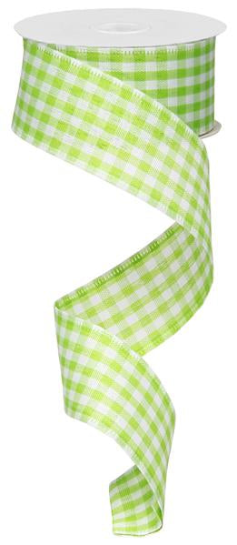 Gingham Check Wired Ribbon : Lime Green, White - 1.5 Inches x 10 Yards (30 Feet)