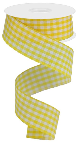 Gingham Check Wired Ribbon : Golden Yellow, Cream - 1.5 Inches x 10 Yards (30 Feet)