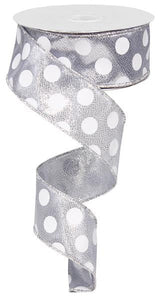 Polka Dot Wired Ribbon : Silver White - 1.5 Inches x 10 Yards (30 Feet)