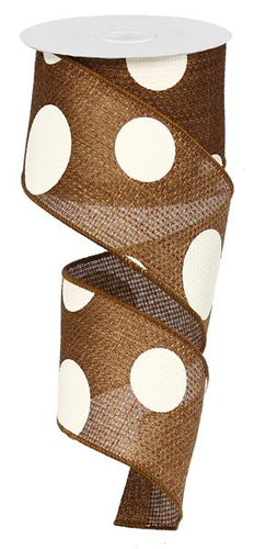 Giant Multi Dots Faux Burlap Wired Ribbon : Brown Ivory - 2.5 Inches x 10 Yards (30 Feet)