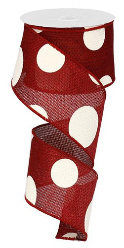 Giant Multi Dots Faux Burlap Wired Ribbon : Burgundy Red Maroon Ivory - 2.5 Inches x 10 Yards (30 Feet)