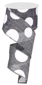 Giant Multi Dots Faux Burlap Wired Ribbon : Grey Gray White - 2.5 Inches x 10 Yards (30 Feet)