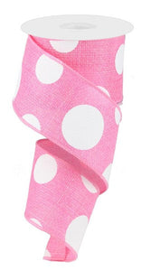 Giant Multi Dots Faux Burlap Wired Ribbon : Light Pink, White - 2.5 Inches x 10 Yards (30 Feet)