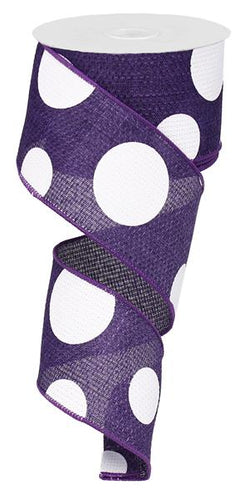 Giant Multi Dots Faux Burlap Wired Ribbon : Purple & White - 2.5 Inches x 10 Yards (30 Feet)