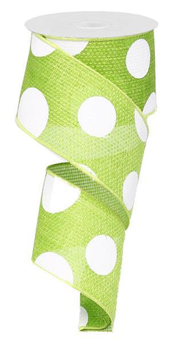 Giant Multi Dots Faux Burlap Wired Ribbon - Lime Green, White - 2.5 Inches x 10 Yards (30 Feet)