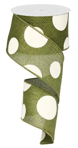 Giant Multi Dots Faux Burlap Wired Ribbon : Moss Green Ivory - 2.5 Inches x 10 Yards (30 Feet)
