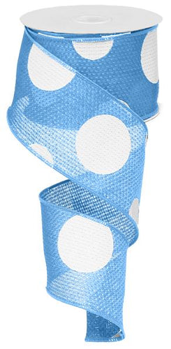 Giant Multi Dots Faux Burlap Wired Ribbon : Turquoise Blue, White - 2.5 Inches x 10 Yards (30 Feet)