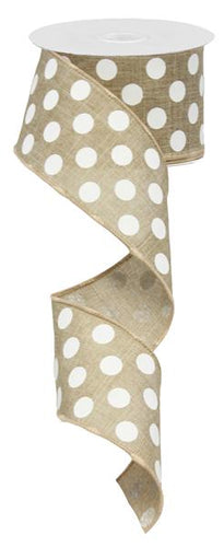 Polka Dot Wired Ribbon : Beige White - 2.5 Inches x 10 Yards (30 Feet)