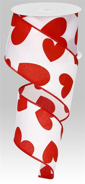 White Satin Hearts Wired Ribbon : White Red - 2.5 Inches x 10 Yards (30 Feet)