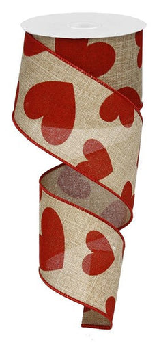 Royal Canvas Large Heart Wired Ribbon : Natural Beige Red - 2.5 Inches x 10 Yards (30 Feet)