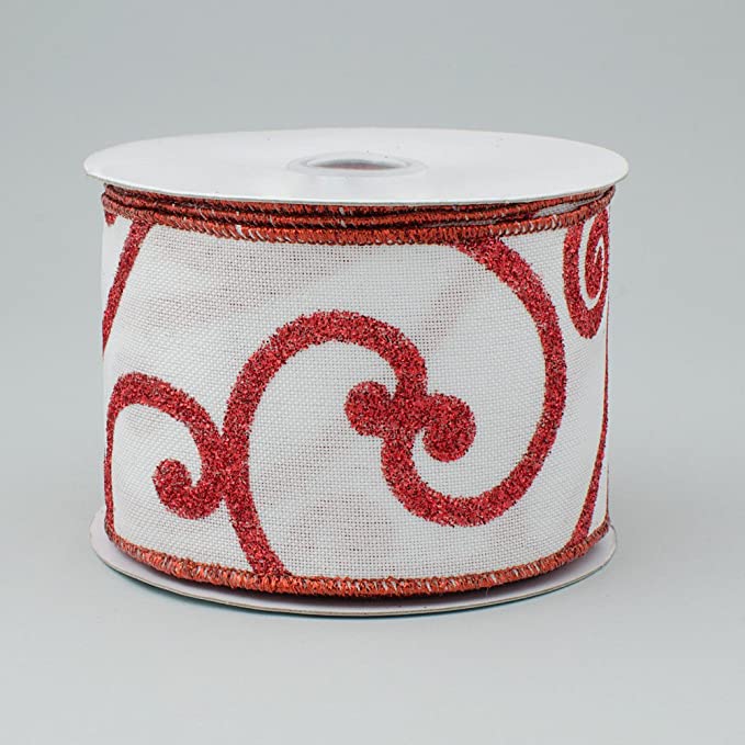 Bold Scroll Royal Canvas Wired Ribbon White & Red - 2.5 Inches x 10 Yards (30 Feet)