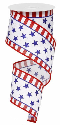 Stars And Stripes Wired Ribbon : White Red Royal Blue  -  2.5 Inches x 10 Yards (30 Feet)