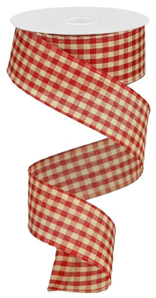 Primitive Gingham Check Wired Ribbon : Red Beige - 1.5 Inches x 10 Yards (30 Feet)