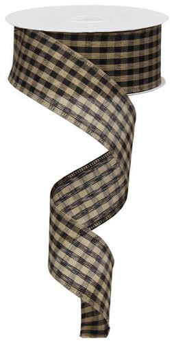 Primitive Gingham Check Wired Ribbon : Black Tan Beige - 1.5 Inches x 10 Yards (30 Feet)